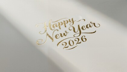 Elegant gold lettering on a white background reads 'Happy New Year 2026'. The design is simple and festive, suitable for holiday celebrations.