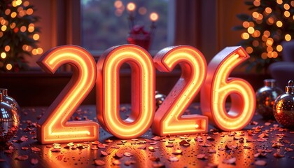 Bright neon numbers 2026 on a table with festive decorations. Christmas trees in the background, creating a celebratory atmosphere.