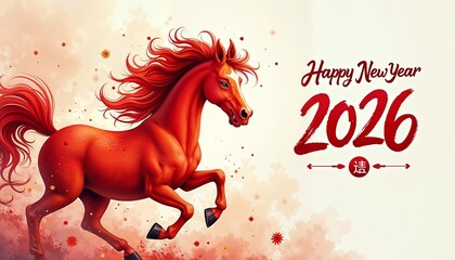 A vibrant red horse gallops against a soft, colorful background. The text 'Happy New Year 2026' is prominently displayed, celebrating the upcoming year.