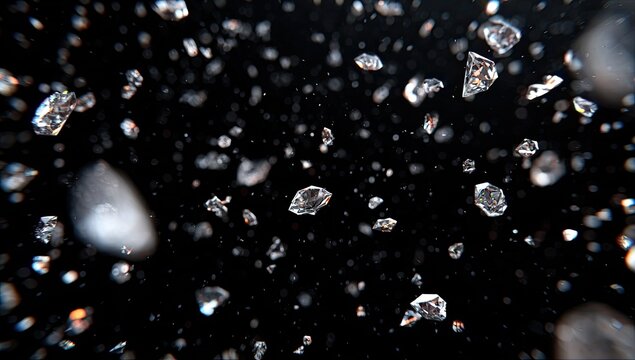 Numerous sparkling faceted fragments falling through a dark void, some blurred