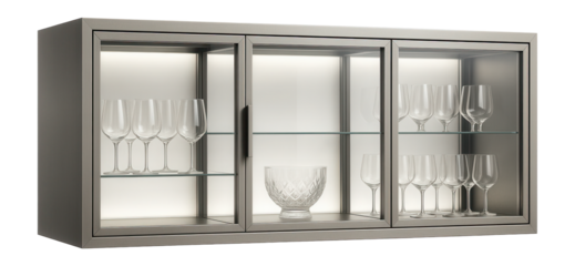 A stylish glass-front sideboard perfect for storing glassware in a modern apartment.