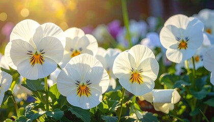 White Pansies in Sunlight - A Floral Delight.