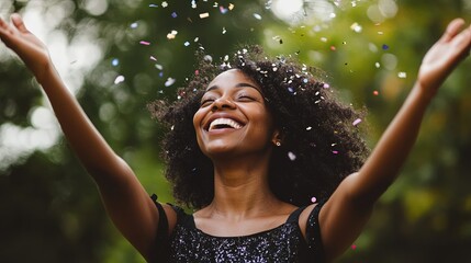 A joyful woman tosses colorful confetti in the air, celebrating a victory, party, or happy occasion. An image of pure excitement, success, and festive fun.