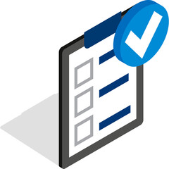 Isometric 3D Checklist Icon With Blue Check Mark And Shadow Over Transparent Background Represents Task Completion Or Survey Form