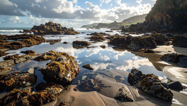Reflections of a cloudy sky in tidal pools on a rugged, rocky beach at the coast.
