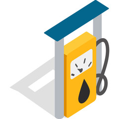 Isometric 3D Gas Pump Station With Blue Roof And Yellow Machine And Black Hose Under Bright Lighting On A White Background