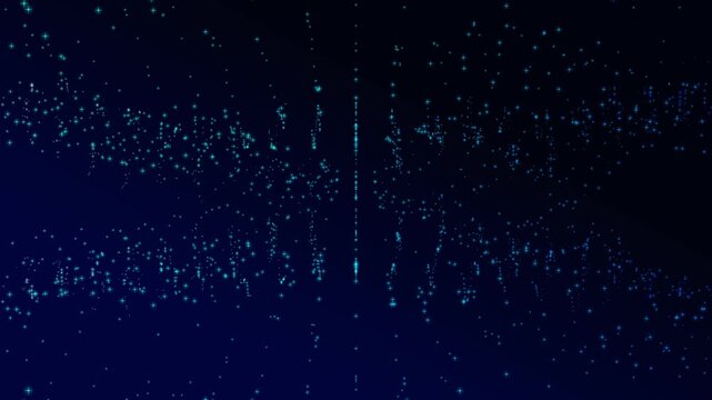A mesmerizing deep blue abstract background features sparkling turquoise particles and lines forming a dynamic, grid-like pattern, creating a futuristic and digital atmosphere