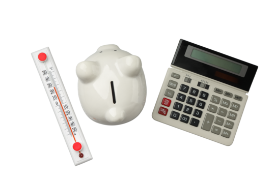 Calculator, piggy bank, and thermometer, isolated on white, PNG