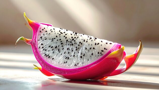 Close Up Of A Vibrant Pink Dragon Fruit Slice With Black Seeds And White Flesh Illuminated By Natural Sunlight