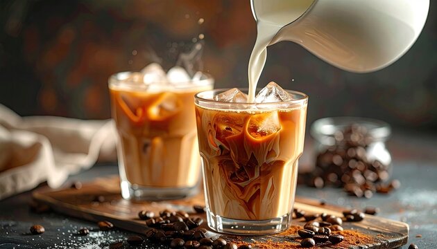 Close Up Of Cold Coffee Being Poured Into A Glass With Ice And Cream Swirls Detailed Macro Shot Of Refreshing Beverage With Coffee Beans Scattered On Dark Textured Surface