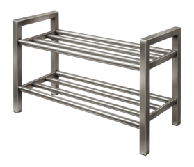 A sleek metal shoe rack with two tiers for organizing footwear at the cottage entrance.