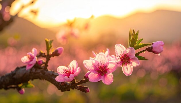Close Up Of Pink Peach Blossoms On A Branch With Golden Sunlight And A Soft Focus Background Of A Peach Orchard