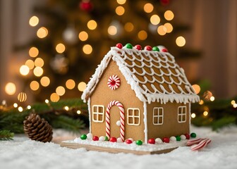 Festive gingerbread house with holiday bokeh lights in cozy christmas setting