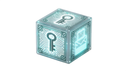 Digital cube with glowing circuit patterns and a key symbol, representing security isolated on transparent background
