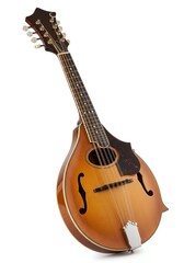 Fototapeta premium Vintage Acoustic Mandolin with Wooden Finish and F-holes on White Background