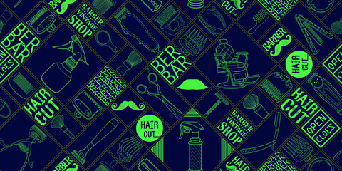 Seamless barber tools shop icon set logo illustration sign for long pattern and blackground.