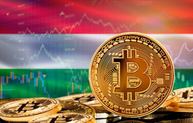 Investors in cryptocurrency and Blockchain Technology in Hungary, Concept. Bitcoin with Hungary flag in the background