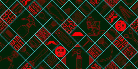 Seamless barber tools shop icon set logo illustration sign for long pattern and blackground.