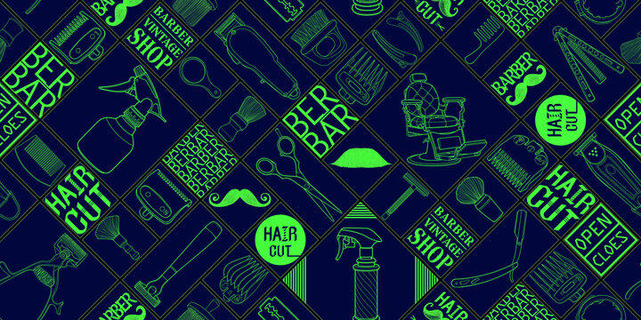 Seamless barber tools shop icon set logo illustration sign for long pattern and blackground.
