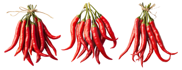 Fresh red chili peppers tied with string, isolated on a white transparent background. Spicy food and cooking ingredient concept