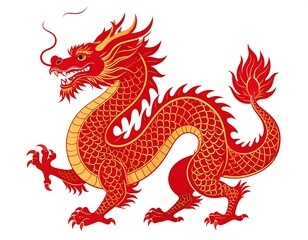 Vivid illustration of a stylized red dragon with intricate scales, claws, and a flowing mane