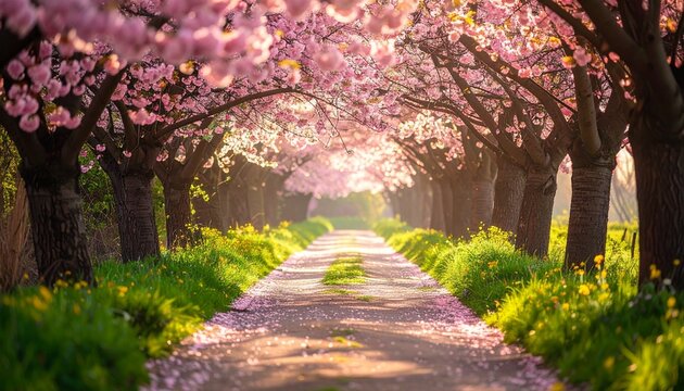 A picturesque pathway lined with blooming cherry blossom trees in full spring splendor.