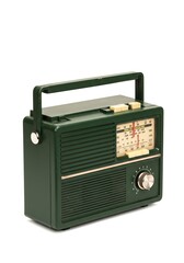 Vintage Green Portable Radio with Tuning Dial and Handle on White Background