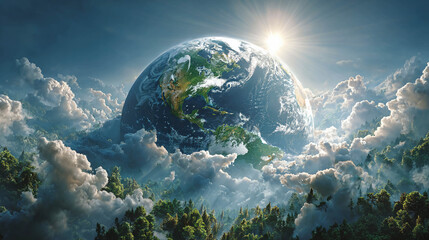 A fantastic landscape with a planet covered in green forests, with a starry sky in the background. The bright sun shines through the clouds, creating an atmosphere of another world.