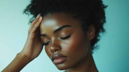 A young woman touches her scalp and hair, feeling discomfort from dryness, itchiness, or dandruff. A concept for hair problems, scalp care, and dermatology