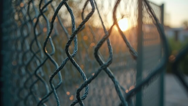 Chain-link fence with blurred background at sunset. - Powered by Adobe