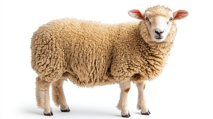 Fluffy beige sheep standing against white background.