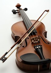 Fototapeta premium Elegant Wooden Violin with Bow and Chin Rest on White Background