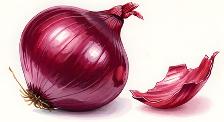 Vivid watercolor illustration of a whole red onion and a detached outer layer