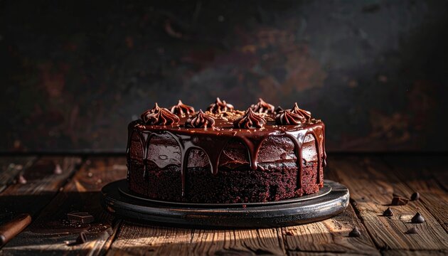 Decadent Chocolate Layer Cake With Rich Ganache Drizzle and Sprinkles on a Rustic Wooden Table