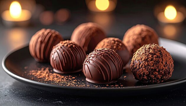 Decadent Dark Chocolate Truffles Dusted with Cocoa Powder and Sprinkles Arranged on a Black Plate with Softly Blurred Candle Lights in the Background