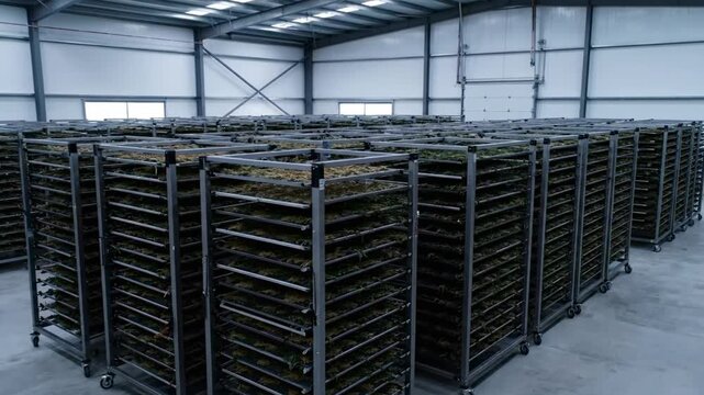 Rows of drying racks filled with green plant matter inside a large industrial building