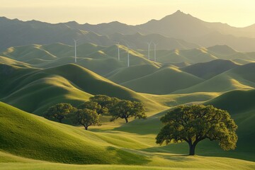 Serene Rolling Green Hills with Wind Turbines Sustainable Energy Landscape