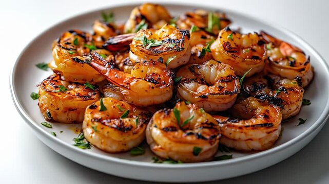 Grilled shrimp dish on white plate, garnished with fresh herbs