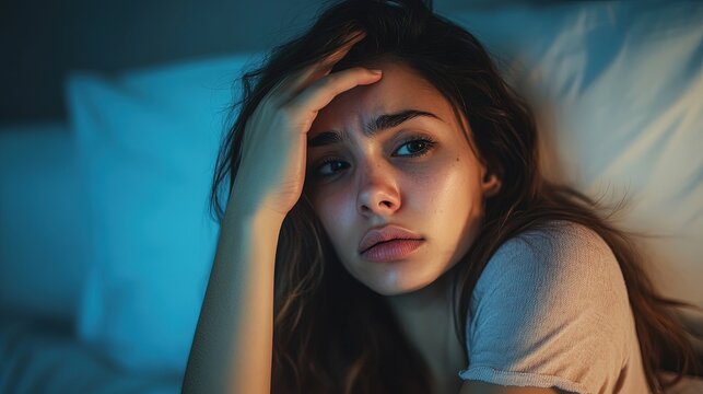 A young woman with a pained expression touches her head, suffering from a severe headache, migraine, or stress-related tension. A powerful image for health and wellness topics.