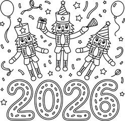 Festive Nutcracker Trio Celebrating New Year 2026 – Playful Line Art Coloring Page