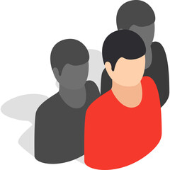 Isometric 3D illustration of a group of diverse people with one prominent figure in a red shirt standing out against a subtle grey background and transparent overlay depicting unity and leadership.