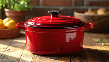 Red Enamel Cast Iron Dutch Oven on Rustic Wooden Table.