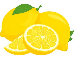 Vivid illustration showcasing a group of bright yellow citrus fruits, including whole and sliced options