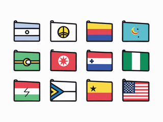 Twelve Stylized National Flag Icons Are Displayed Against A White Backdrop