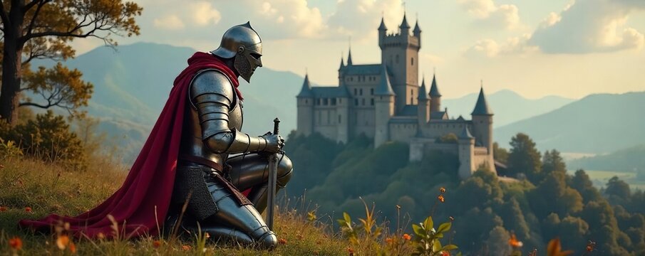 Loyal Medieval Knight Kneeling Before Majestic Castle A Scene of Chivalry and Feudalism