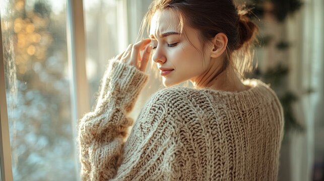 A woman in a sweater reaches back to scratch an itch, showing discomfort. This can represent skin irritation, an allergic reaction, dry skin, or a bug bite.