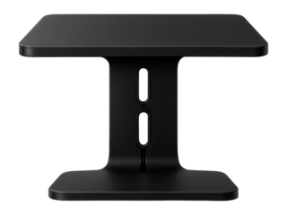 A sleek black stand with integrated cable management for a tidy home office.