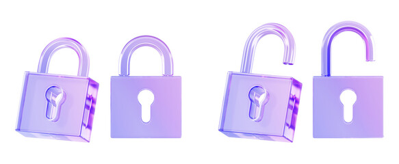Naklejka na ściany i meble Glass holographic padlock icon 3d render. Crystal gradient set of locked and unlocked lock in different angles. Safety and secure symbol for web design. Protection and privacy concept