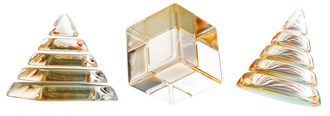 Gold glass triangle, cube and cone 3d render icon set. Abstract golden transparent geometric shapes - egyptian pyramid, crystal block, christmas pine tree, isolated decor elements