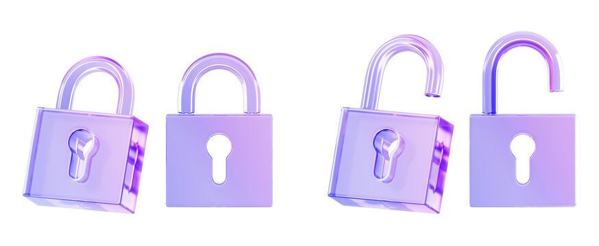 Glass holographic padlock icon 3d render. Crystal gradient set of locked and unlocked lock in different angles. Safety and secure symbol for web design. Protection and privacy concept